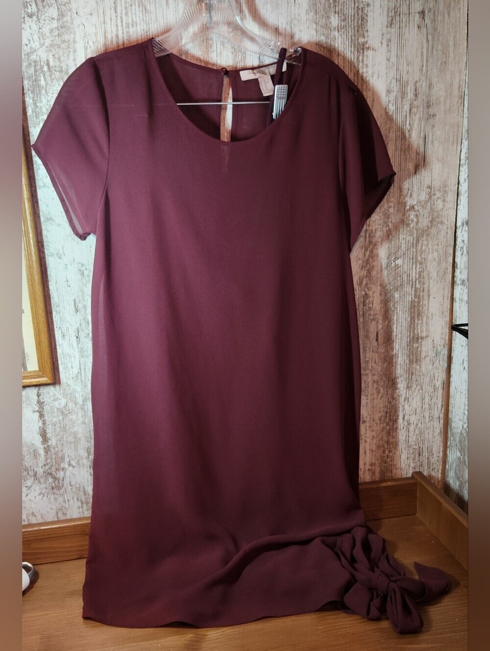 Forever 21 Sheer Deep Wine Burgundy Midi Dress Side Knot Hemline Matching Slip